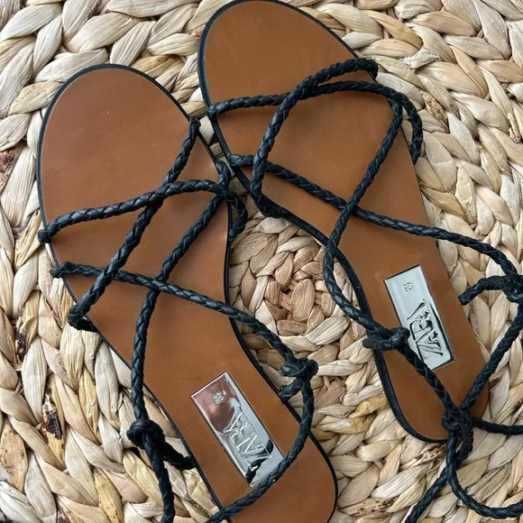 Zara lace-up Black Braided Sandals with Brown Footbed worn twice - Picture 2 of 3